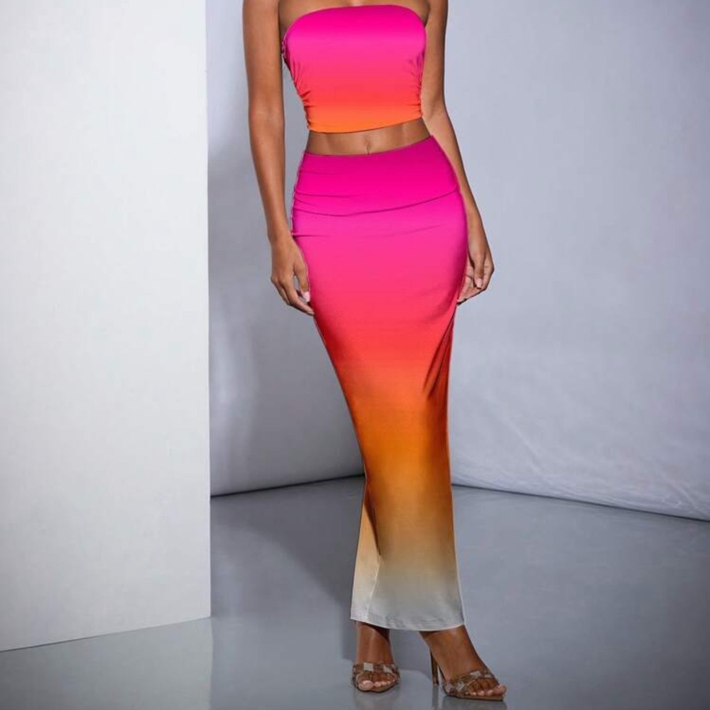 Gradient Pink and Orange Maxi Skirt set